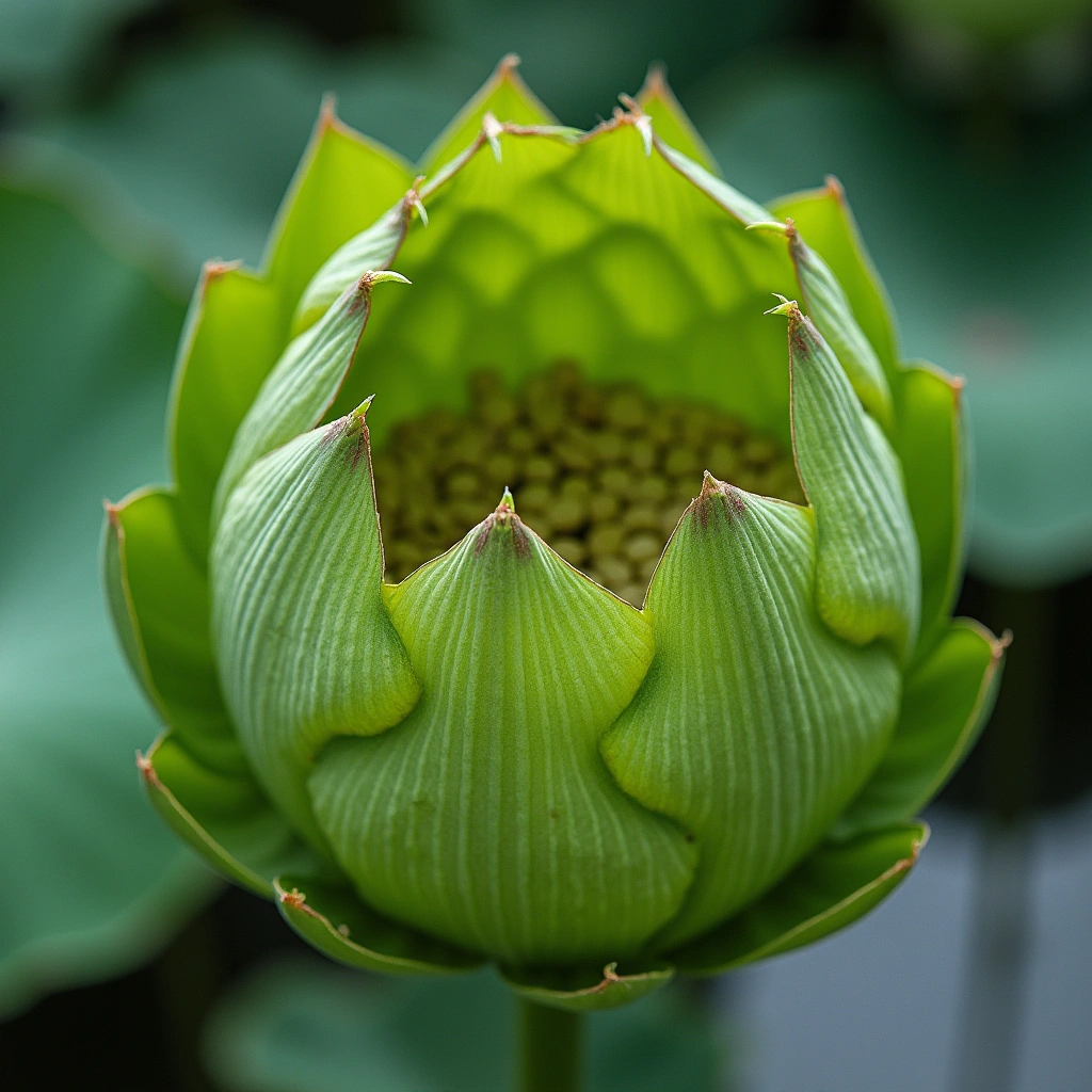 Close-up of a lotus flower pod with honeycomb-like holes and seeds visible, set on a tranquil pond background.