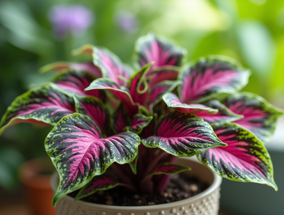 Close-up of a wandering jew plant with purple and green striped leaves in a decorative pot.