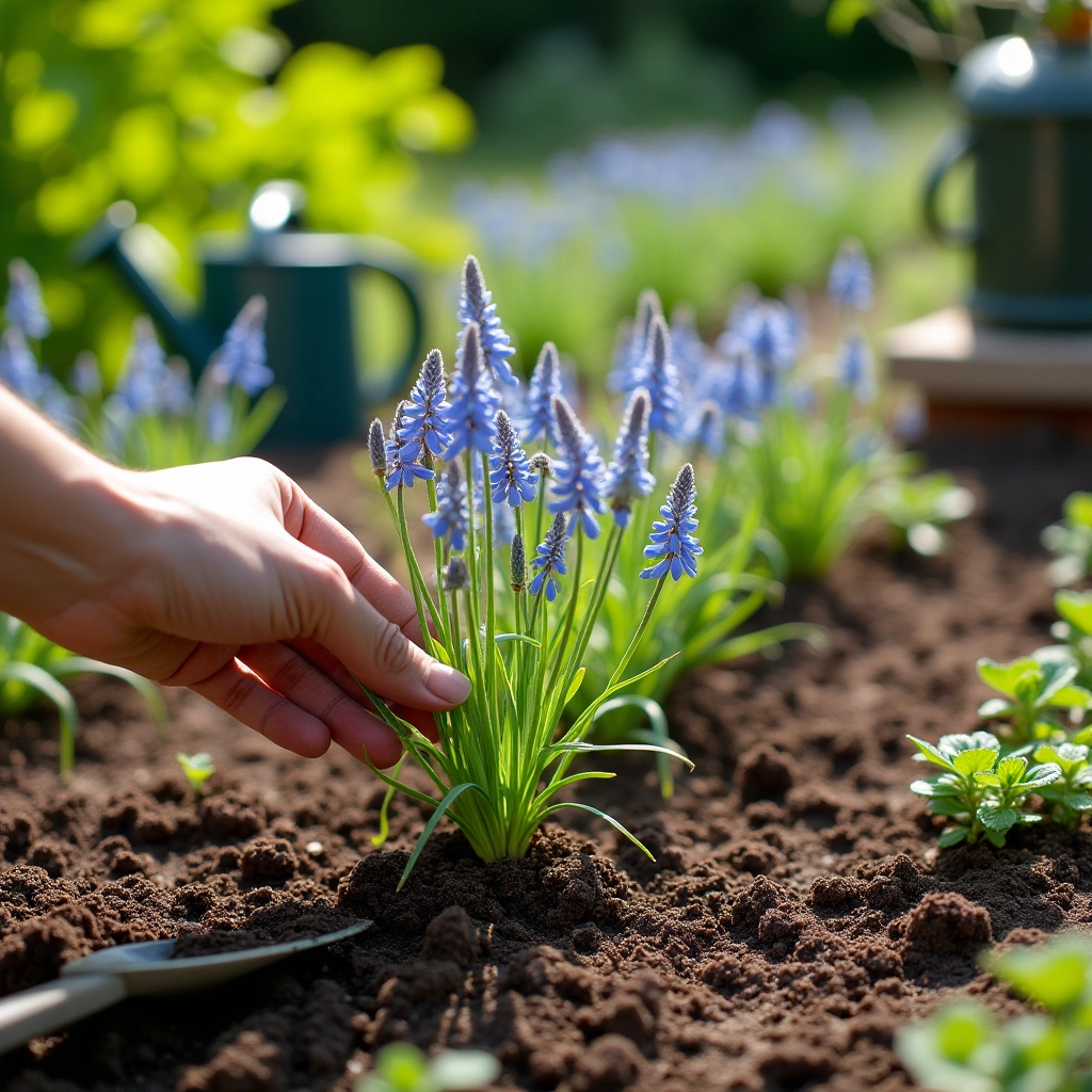 Gardener planting Blue Mist Flower seeds in well-prepared soil in a sunny garden.