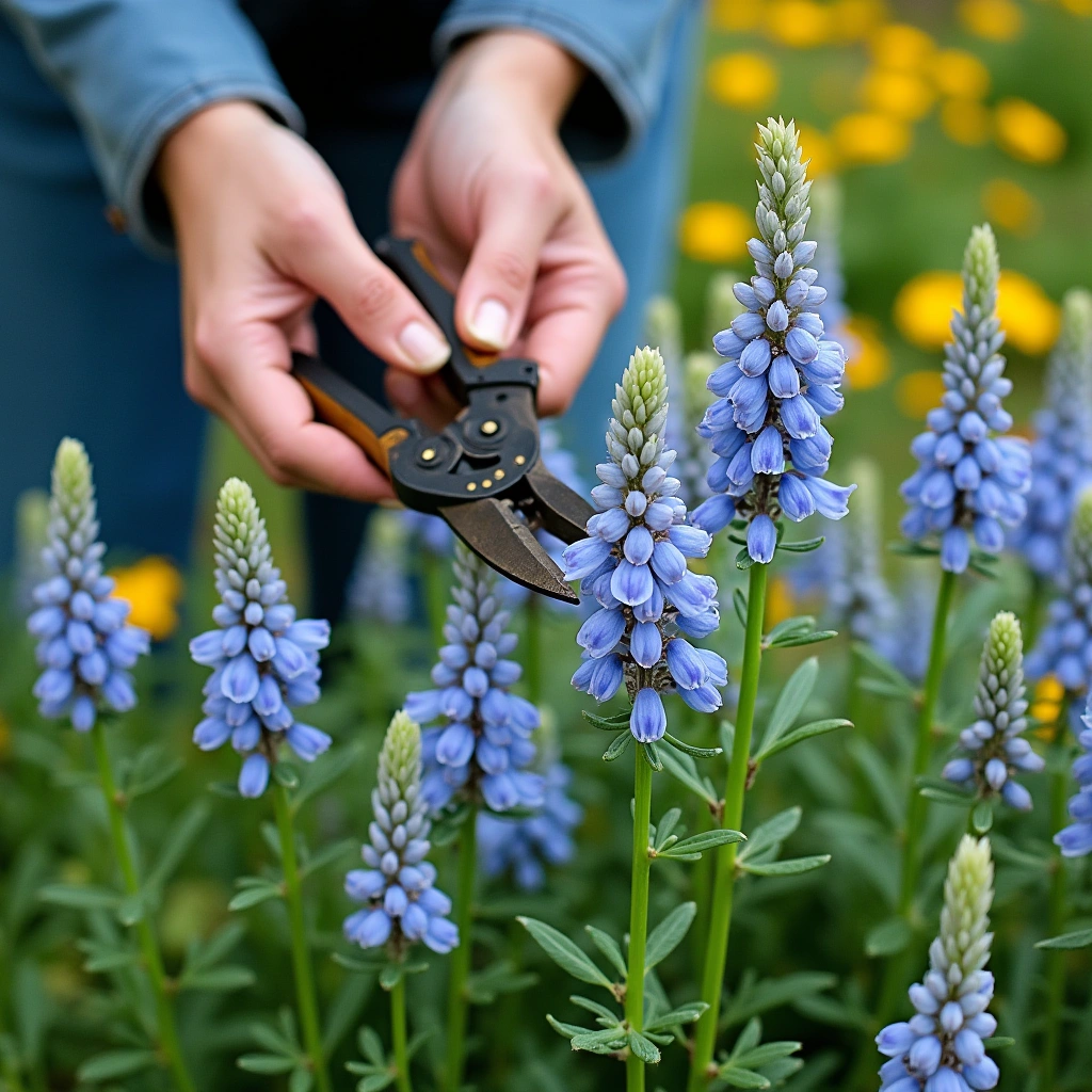 Gardener pruning Blue Mist Flowers to encourage more blooms in a lush garden.