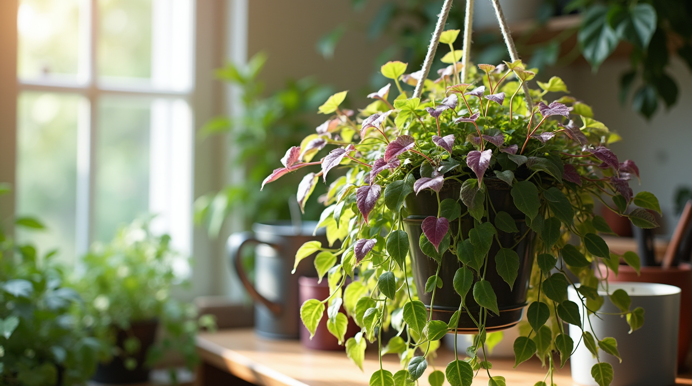 Wandering jew plant in a hanging pot with vibrant leaves, set in a bright indoor space.