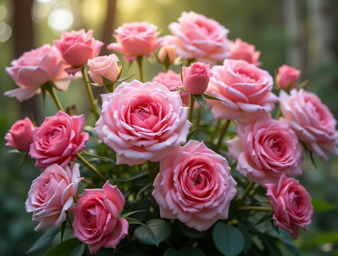 A garden featuring 10 varieties of pink roses, from pale blush to deep magenta, in full bloom with sunlight filtering through trees.